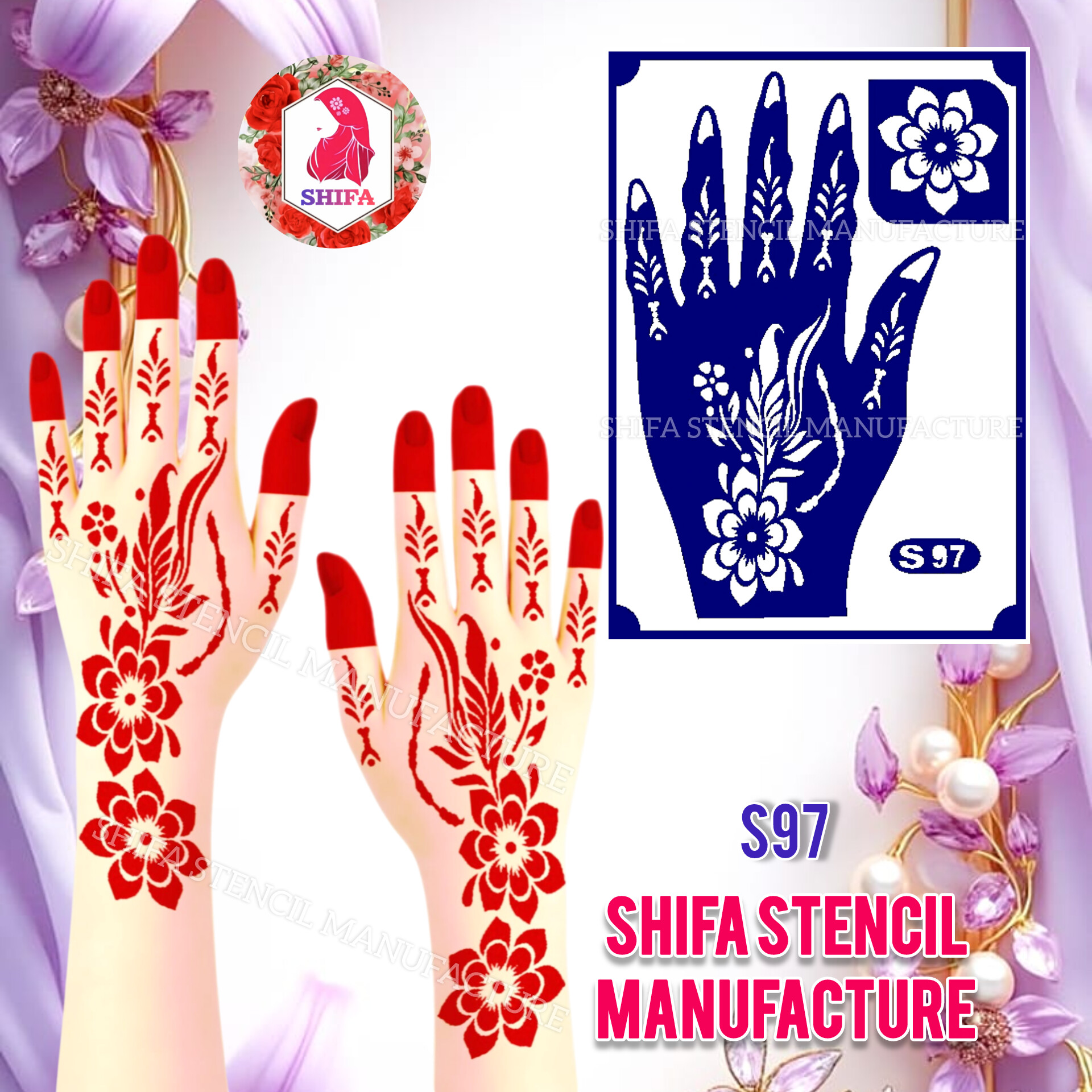 S97 A bold yet elegant floral pattern Sticker Overview  Henna Stencil - Shifa Stencil